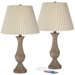 Regency Hill Avery Traditional Table Lamps 25" High Set of 2 Faux Wood with USB Charging Port LED Touch On Off Ivory Shades for Living Room Home Desk - 1 of 4
