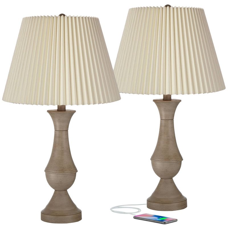 Regency Hill Avery Traditional Table Lamps 25" High Set of 2 Faux Wood with USB Charging Port LED Touch On Off Ivory Shades for Living Room Home Desk, 1 of 9