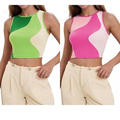 INSPIRE CHIC Women's Color Block Summer Crew Neck Ribbed Sleeveless Crop Going Out Tank Tops 2 Packs
