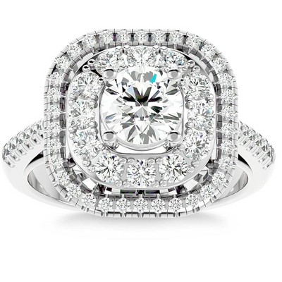 Pompeii3 2Ct Moissanite & Diamond Cushion Halo Engagement Ring Rose, White or Yellow Gold