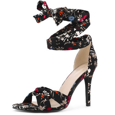 Perphy Women's Floral Printed Twist Lace Up High Stiletto Heels Sandals