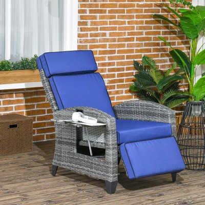 Dark Blue Wicker Reclining Outdoor Lounge Chair with Cushions