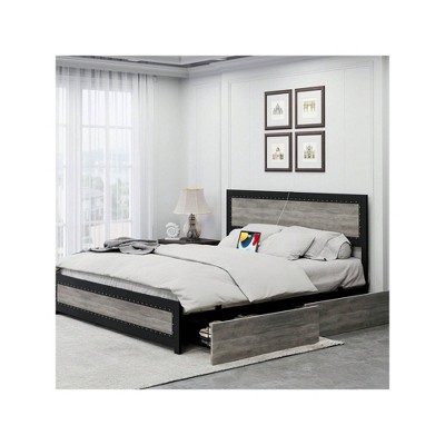 Bed Frame With Headboard, Industrial Platform Bed Frame with 4 Storage Drawers and Charge Station, Strong Metal Slats Support.