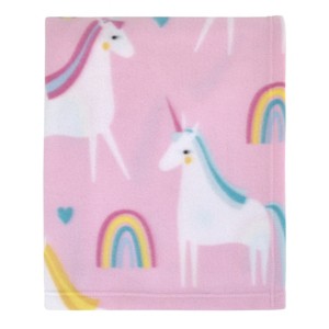 Everything Kids Unicorn Pink, Blue, and Yellow Rainbows and Hearts Super Soft Toddler Blanket - 1 of 4