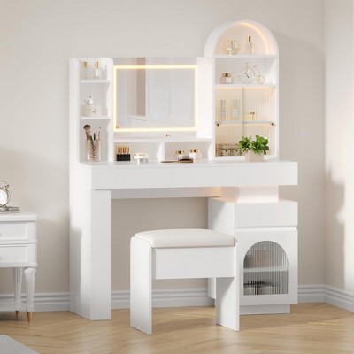 Acekool Makeup Vanity Desk with Mirror and Lights, 3 Drawers, 11 Open Shelves, Power Outlet, Stool, Adjustable LED, White