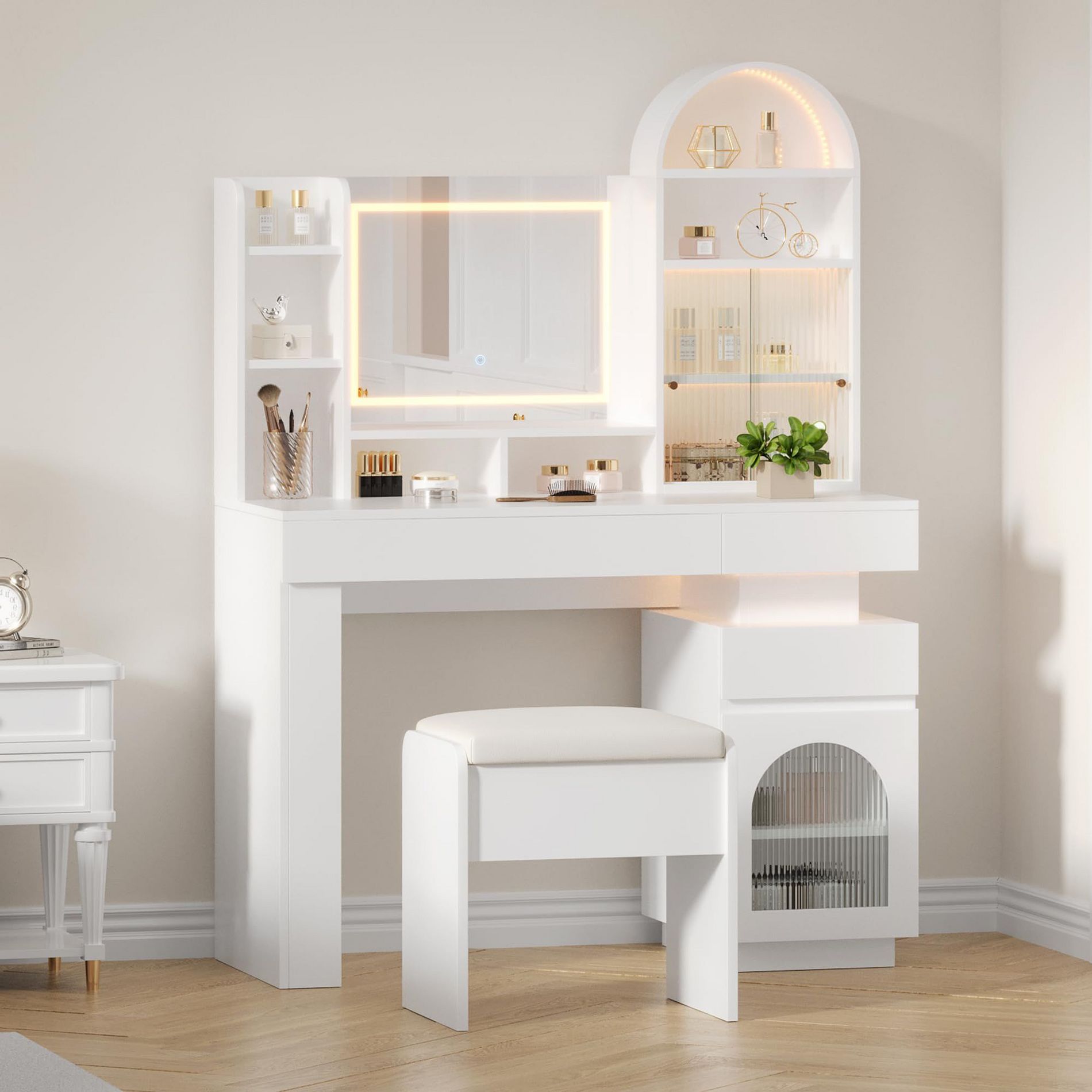 Acekool Makeup Vanity Desk with Mirror and Lights, 3 Drawers, 11 Open Shelves, Power Outlet, Stool, Adjustable LED, White