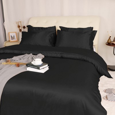 3 Pcs Satin Silk Solid Bedding Sets Queen Black - PiccoCasa