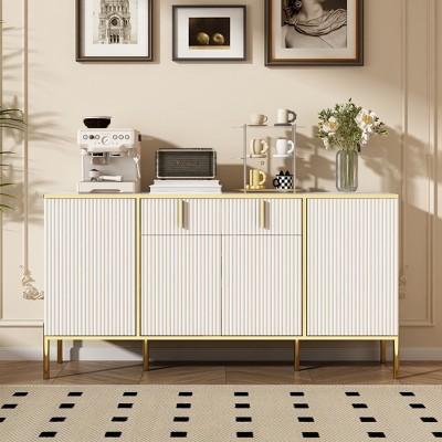 Vynxaria Modern Sideboard Buffet: 4 Doors & 2 Drawers Storage Cabinet for Living Room, Kitchen, Dining Room, Hallway, White Finish.