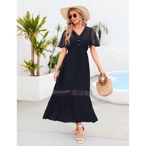 Coolmee Women's Short Sleeve Maxi Dress V Neck High Waist Lace Dress Casual Flowy A Line Beach Dress - 1 of 4