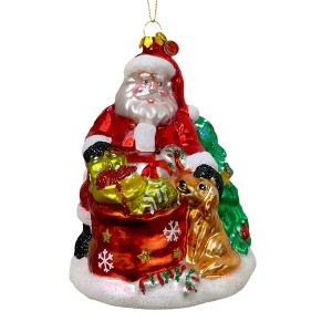 Santa with Dog and Giant Gift Bag Glass Christmas Ornament| OrnamentallyYou - 1 of 3