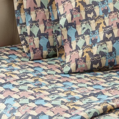 Twin XL Kool Kats Print Cotton Polyester Flannel Sheet Set