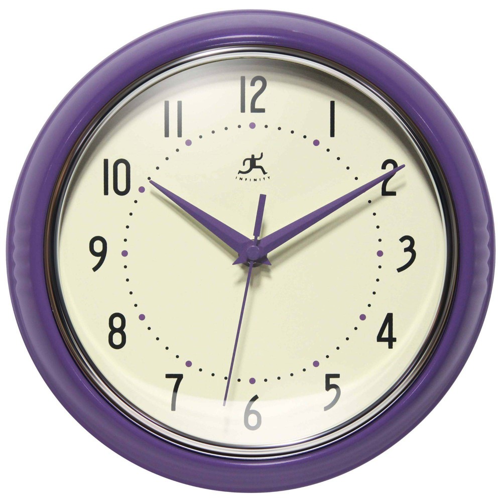 9.5" Retro Metal Wall Clock Purple - Infinity Instruments: Modern Indoor Timepiece, Off-White Analog Display