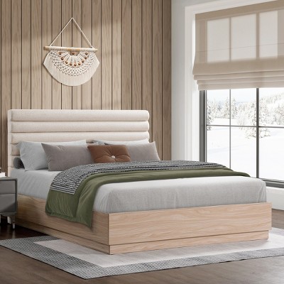 Wooden Bed Base Queen,Wood Bed Frame With Boucle Fabric Upholstered Headboard Minimalist Bed Frame-Cuddlewood