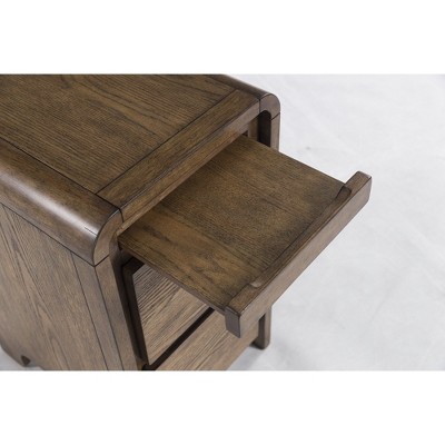 Light Brown Wood Rectangular End Table with Storage and USB Ports