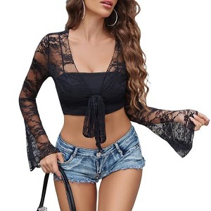 Avidlove Womens Crop Cardigan Lace Shrug Bell Sleeve Tie Front Top
