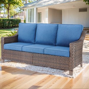 Buenhomino 74" Wide Outdoor Wicker Patio Sofa with Cushions, All Weather Brown Wicker Furniture Sofa 3 Seater Couch for Porch, Deck, Balcony - 1 of 4