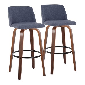 30" Mid-Century Modern 360¡ã Swivel Bar Stools with Bent Wood Legs, Padded Seat, and Round Footrest (Set of 2) for Kitchen - 1 of 4