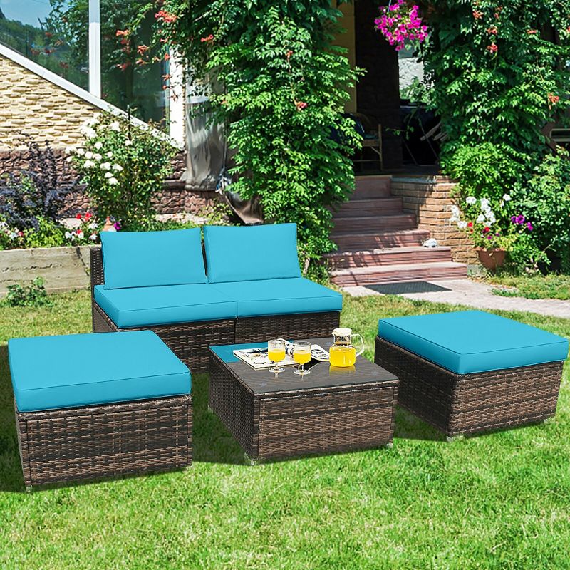 Costway 5PCS Patio Rattan Wicker Furniture Set Armless Sofa Cushioned Red/Turquoise, 1 of 13