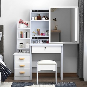 GDFStudio Tess 34.8'' Modern Mirror Vanity Desk with Lights, 1 Chair, 4 Drawers and Open Shelves - 1 of 4