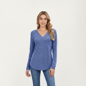Anna-Kaci Women's Long Sleeve V-Neck Knit Top with Curved Hem and Relaxed Fit - 1 of 4