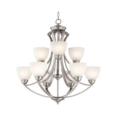 Milbury Satin Nickel Two-Tier 9-Light Chandelier with White Glass Shades