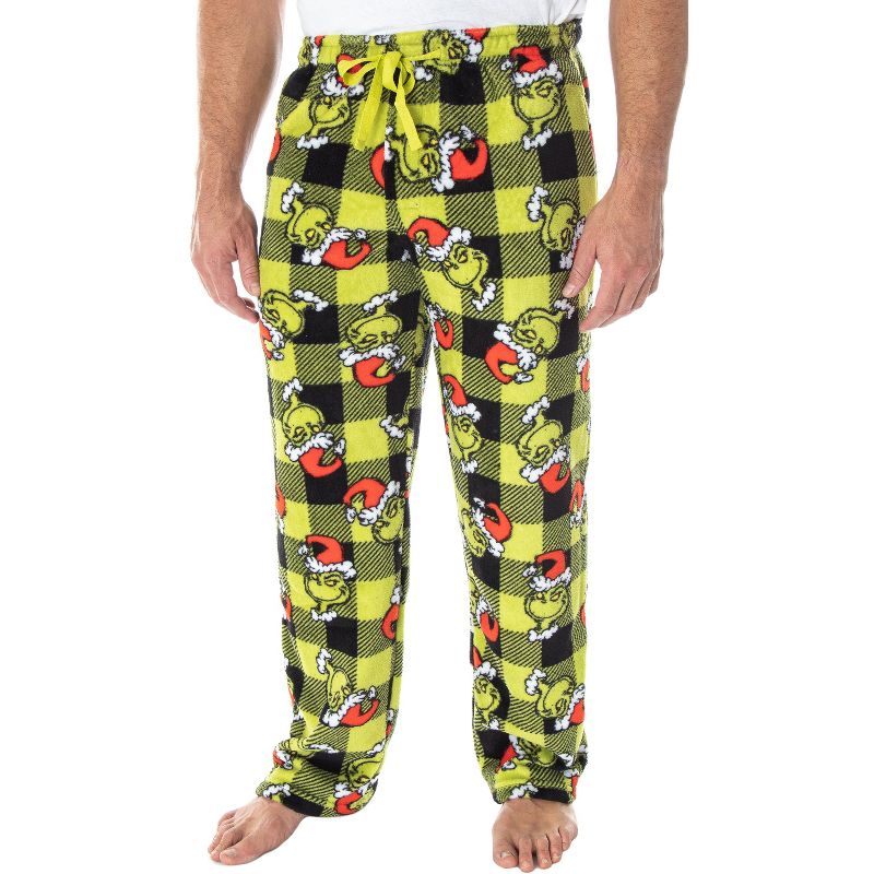 Dr. Seuss Men's The Grinch Sneaky Face Fleece Plush Pajama Pants, 1 of 6