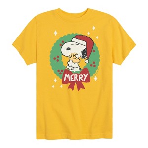 Boys' - Peanuts - Snoopy and Woodstock Christmas Skating Short Sleeve Graphic T-Shirt - 1 of 4