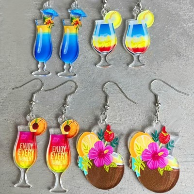 Paaaawaters Vibrant Acrylic Tropical Cocktail Dangle Earrings, 3-Design Summer Jewelry Set with Hypoallergenic Hooks