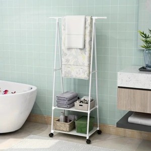 Stainless Steel Rolling Garment Rack with 2-Tier Shelves and 2 Hooks, Portable Metal and Plastic Clothes Organizer with Wheels - 1 of 4