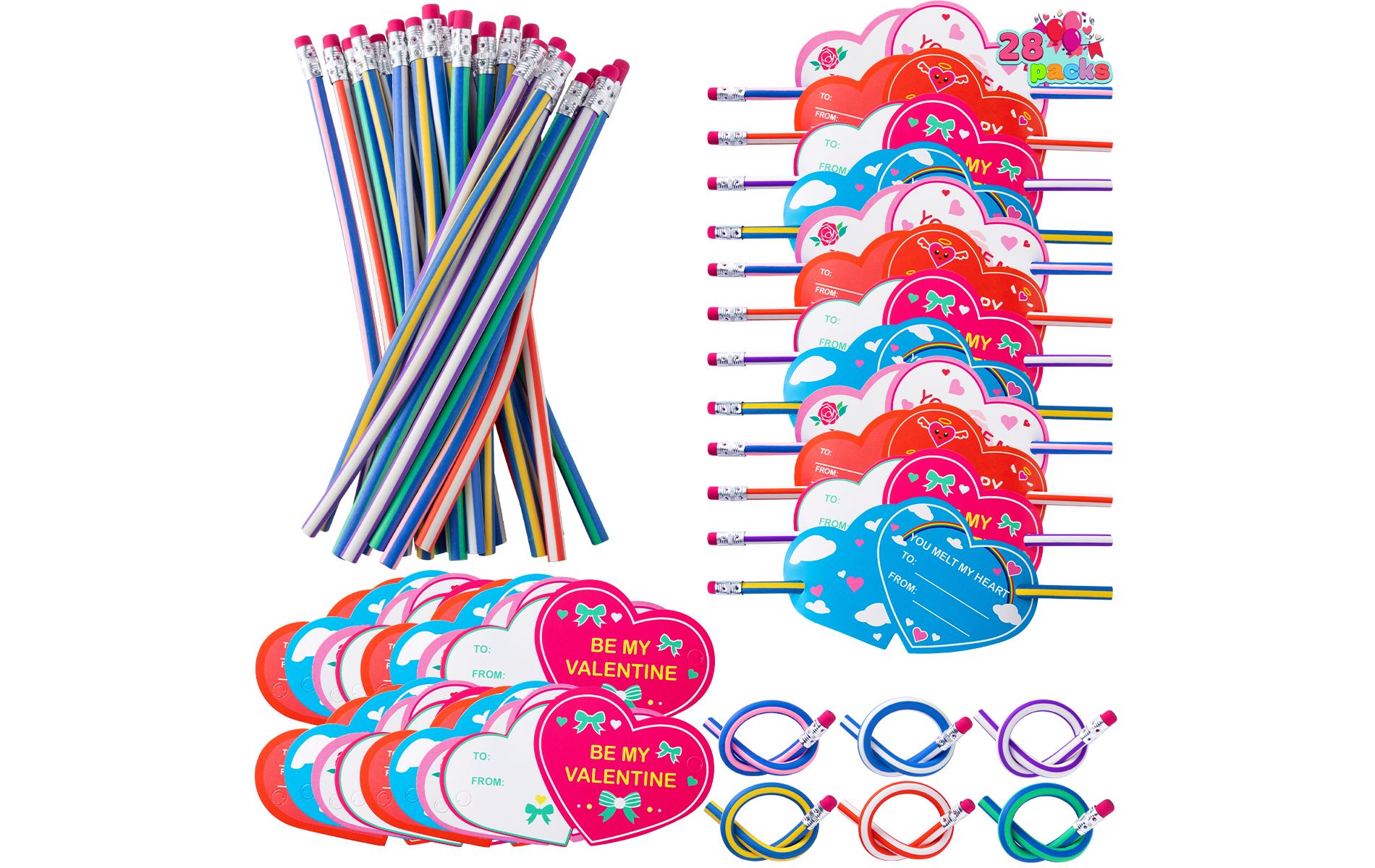 Joyfy 28 Packs Bendy Pencils with Valentine's Day Cards for Kids-Classroom Exchange Gifts, Valentine's Party Favors