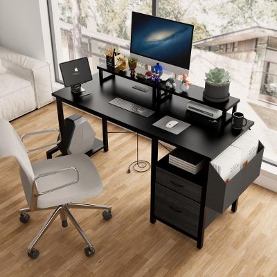 LIVAREEmlen 47'' Computer Desk with Power Outlet Monitor Stands Shelves Office Desk/Writing Table With Drawers, Large Side Pocket and Hooks