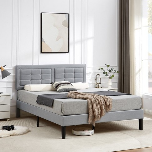 Vecelo Light Gray Upholstered Bed Wood And Metal Frame Queen Platform ...