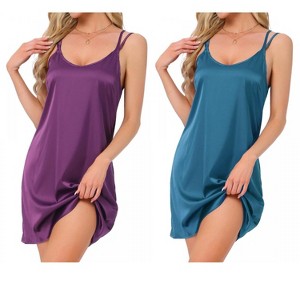 INSPIRE CHIC Women's 2 Pcs Double Strap Satin Nighty Chemise Slip Silky Sleep Camisole Dress - 1 of 4