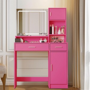 light pink dressing table Modern Vanity Desk with Mirror & 3 Modes Light, Dressing Table with Drawer and Three Level Storage Cabinet, Pink