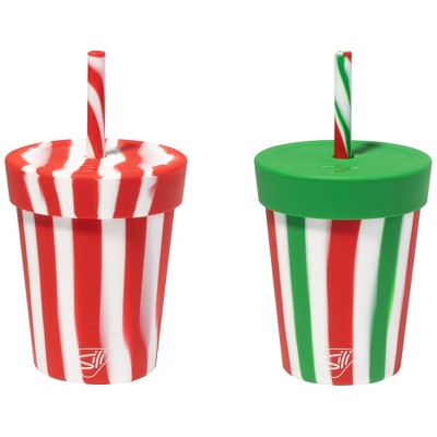 Silipint: Silicone Kids 8oz Straw Tumblers, 2 Pack, Peppermint & Poinsettia