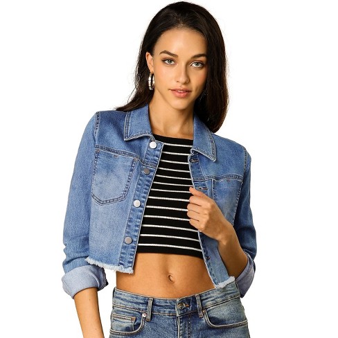 Cropped Fray Hem Denim Jacket - Denim