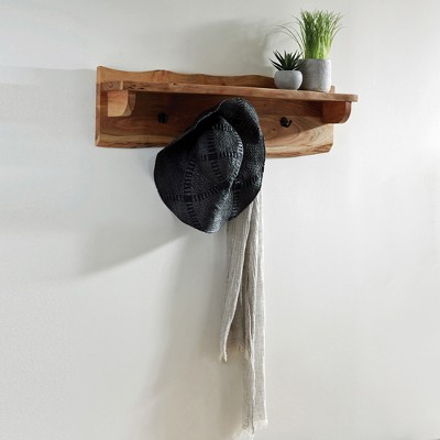 Alpine Natural Acacia Live Edge Coat Hooks with Shelf