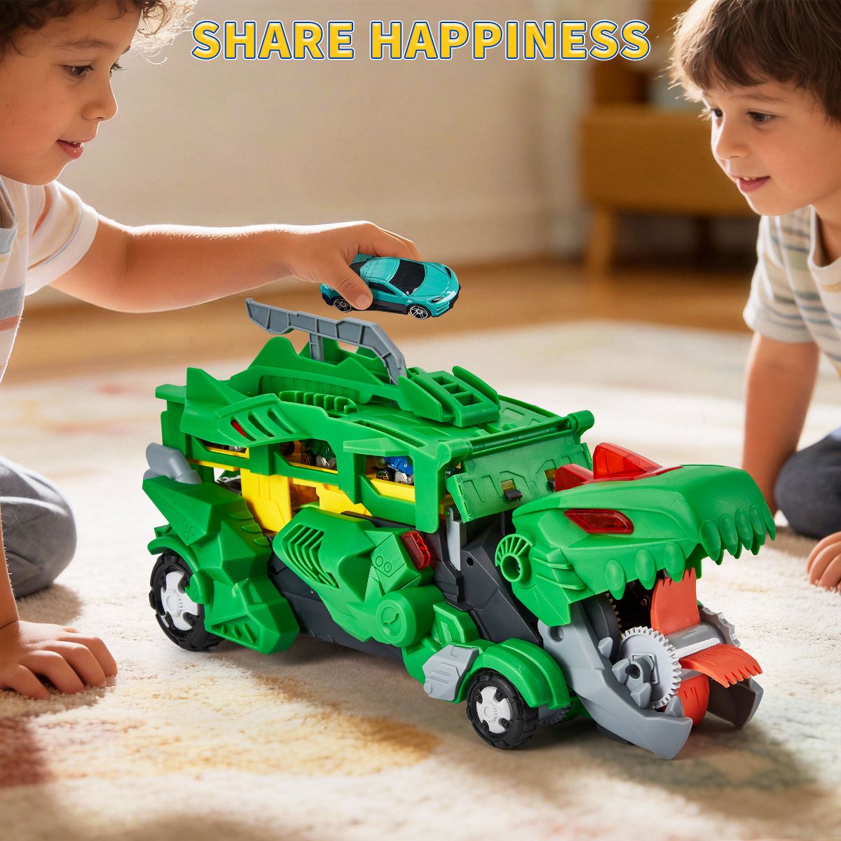 Toddler Toys Car Track Set for 3 4 5 6 Years Old Boys, Dinosaur Transporter Car Race Track with 12 Die-Cast Car Toys, Ejecting Dinosaur Track - thumbnail 3