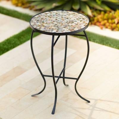 Mother of Pearl Mosaic Black Iron Outdoor Accent Tables Set of 2