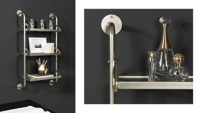 Silver Metal Three-Tier Floating Wall Shelf with Glass
