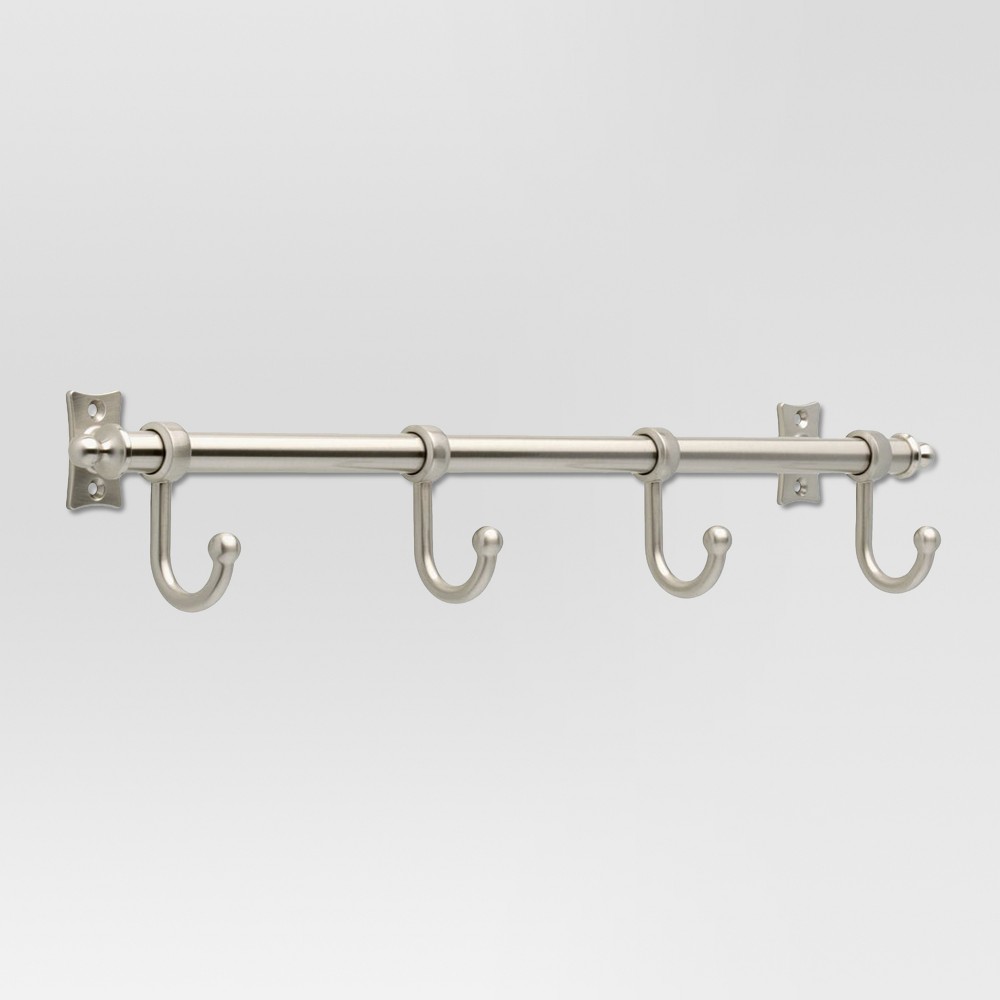Essick Hook Rack - Satin Nickel - Threshold In need of extra storage space throughout your home? The Threshold Essick Hook Rack can straighten up your space in style. This closet rack has 4 hooks made of zinc with a beautiful satin nickel finish. It's de9cor enhancing storage that neatens with style. Mounting screws are included. If you’re not satisfied with any Target Owned Brand item, return it within one year with a receipt for an exchange or a refund.