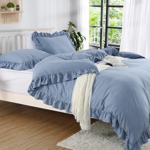 Sage Green Ruffled Duvet Cover Twin, Soft Washed Microfiber Vintage French Country Duvet Cover Set for Kids Girls - 1 of 4