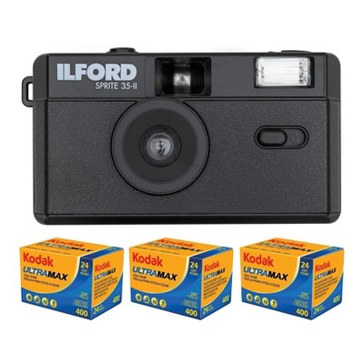 Ilford Sprite 35-II 35mm Film Camera (Black) with 3-Pack Kodak 400 Film Bundle