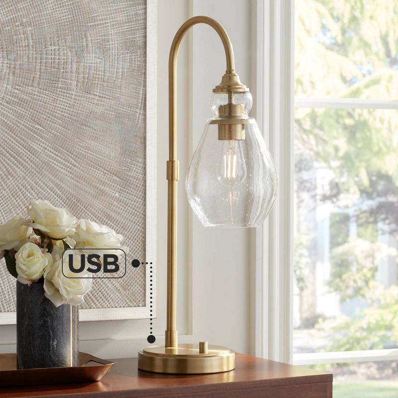 Possini Euro Design Vaile 27" Tall Traditional Desk Lamp Dual USB Ports Warm Gold Metal Single Glass Clear Shade Home Office Living Room Charging, 2 of 10