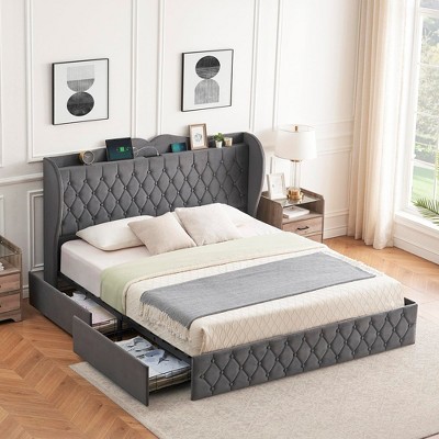 Garvee King Size Bed Frame with 4 Storage Drawers and Charging Station, Velvet Upholstered Platform Bed with Tall Headboard and Storage Shelf, Gray