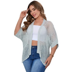 Women's Plus Size Hollow Out Asymmetrical Hem Cardigan Open Front Short Sleeve Lightweight Sweater - 1 of 4