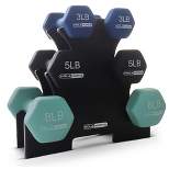HolaHatha Hex Dumbbell Weight Training Home Gym Equipment Set with 3, 5 & 8 Pound Fitness Hand Weights & Storage Organization Rack, Blue/Mint/Black