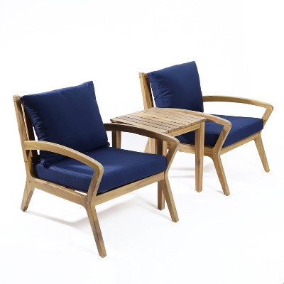 LuxenHome Outdoor Acacia Wood Side Table and Set of 2 Armchairs with Blue Cushions