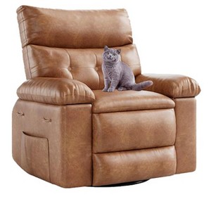 Manual recliner in imitation leather, 360° swivel, upholstered, metal base, single-seater sofa with side pockets, suitable for living rooms, beige - 1 of 4