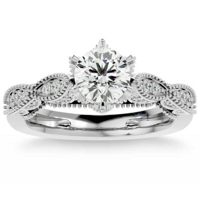 Pompeii3 1 3/8Ct Vintage Moissanite & Diamond Engagement Ring White, Yellow, Rose Gold